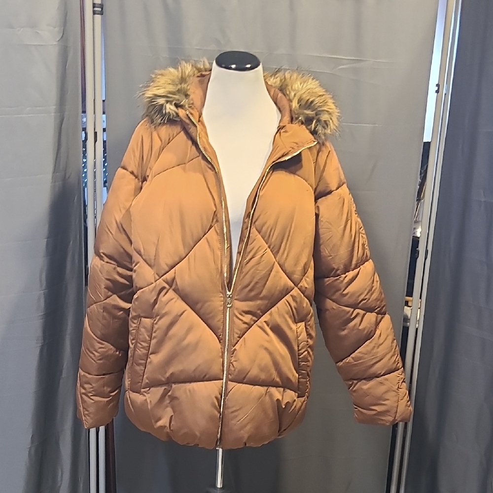 Maurices Camel Puffer Jacket with Faux Fur Trim